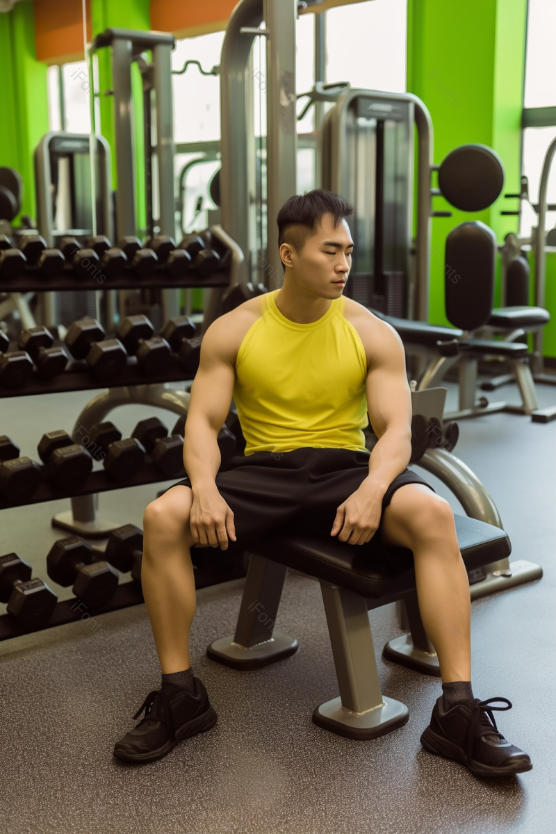 健身房强壮的男人训练完坐着在休息室内许多的健身器材图像摄影,高清,摄影图,摄影图片,图片大全,摄影图免费下载